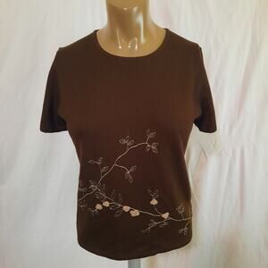 Vintage Rena Rowan Brown Knit Shortsleeeve Wool Blend Floral Beaded Cottagecore
